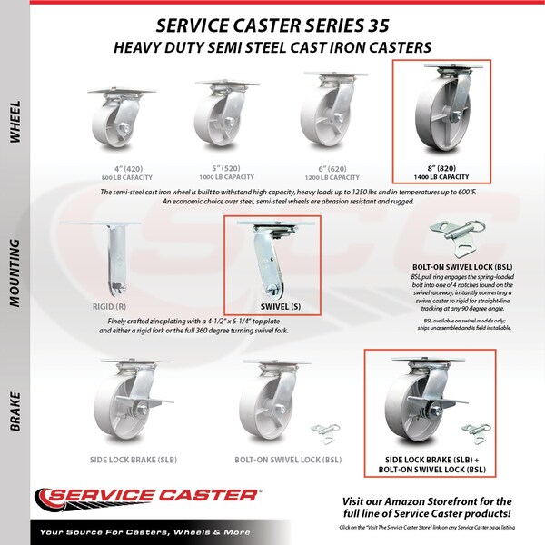 Service Caster 8 Inch Semi Steel Caster Set with Ball Bearings and Brakes/Swivel Locks SCC SCC-35S820-SSB-SLB-BSL-4 - main